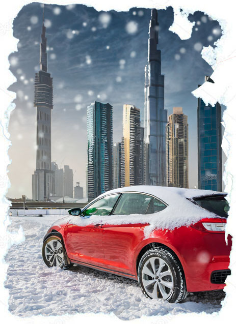 Winter rent a car offer in Dubai, Red car with Burj Khalifa in background